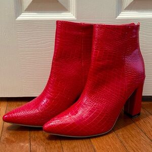 Red Croc-Embossed Ankle Boots